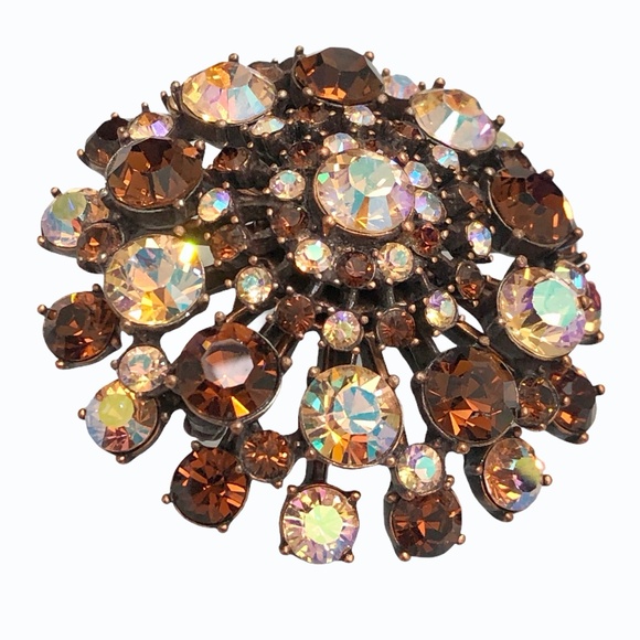 VINTAGE JOAN RIVERS AMBER & AURORA BOREALIS PINK DOME CRYSTAL BROOCH - Picture 7 of 16